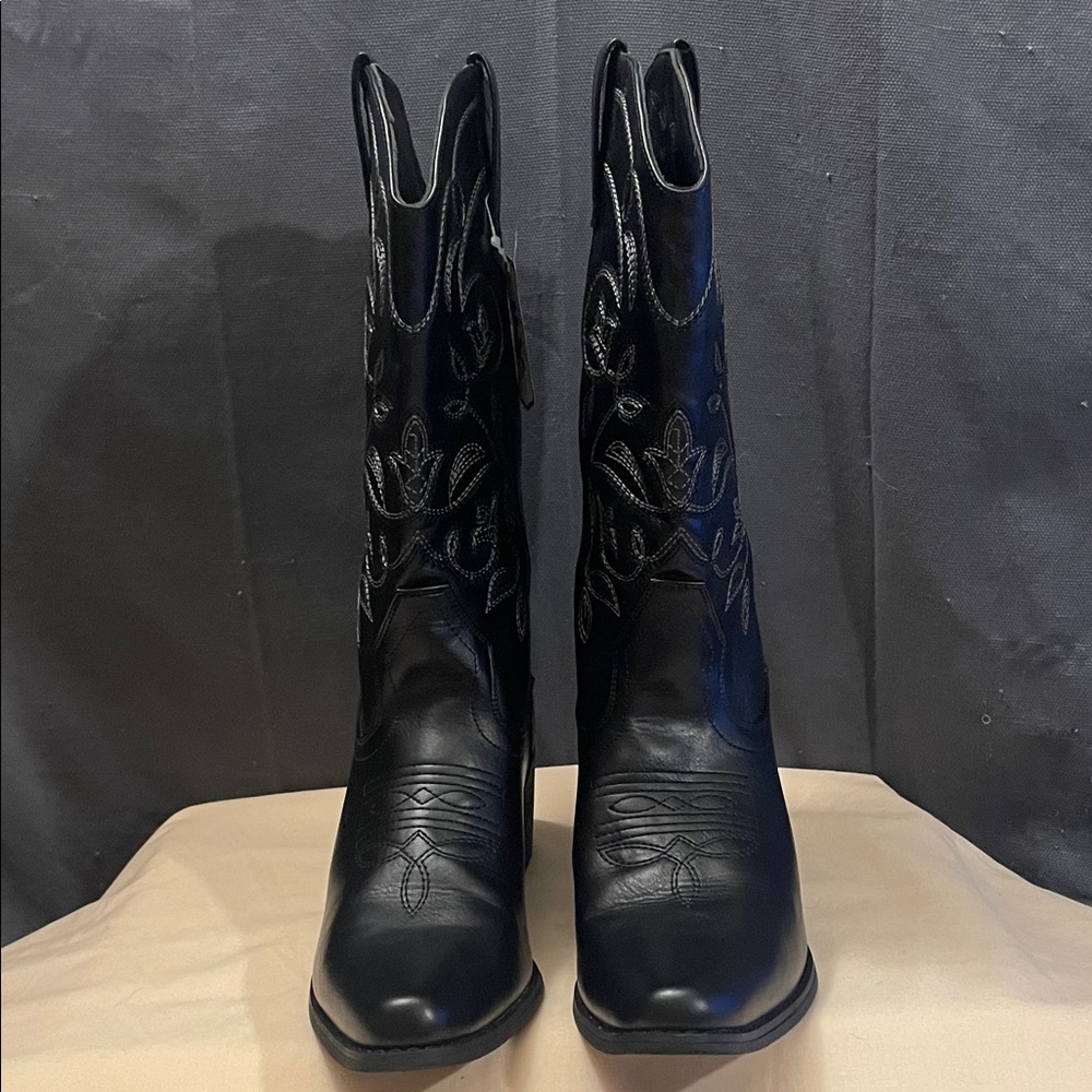 Black Embroidered Heeled Boots - Picture 2 of 8
